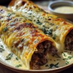 Two Cheesy Beef Enchiladas covered in creamy white sauce and topped with chopped parsley.
