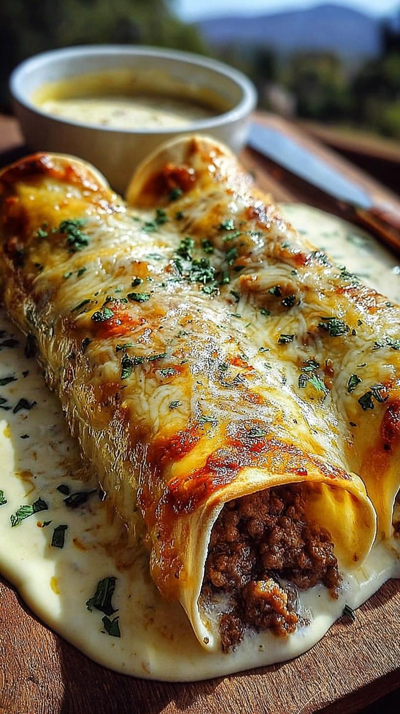 Close-up of Cheesy Beef Enchiladas with Creamy White Sauce, topped with melted cheese and parsley.