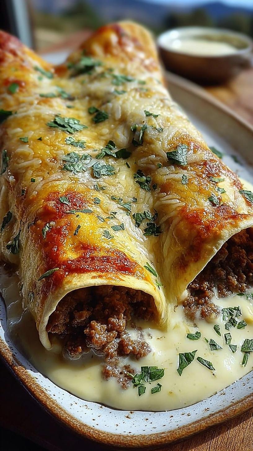 Close-up of Cheesy Beef Enchiladas with Creamy White Sauce, topped with melted cheese and parsley.