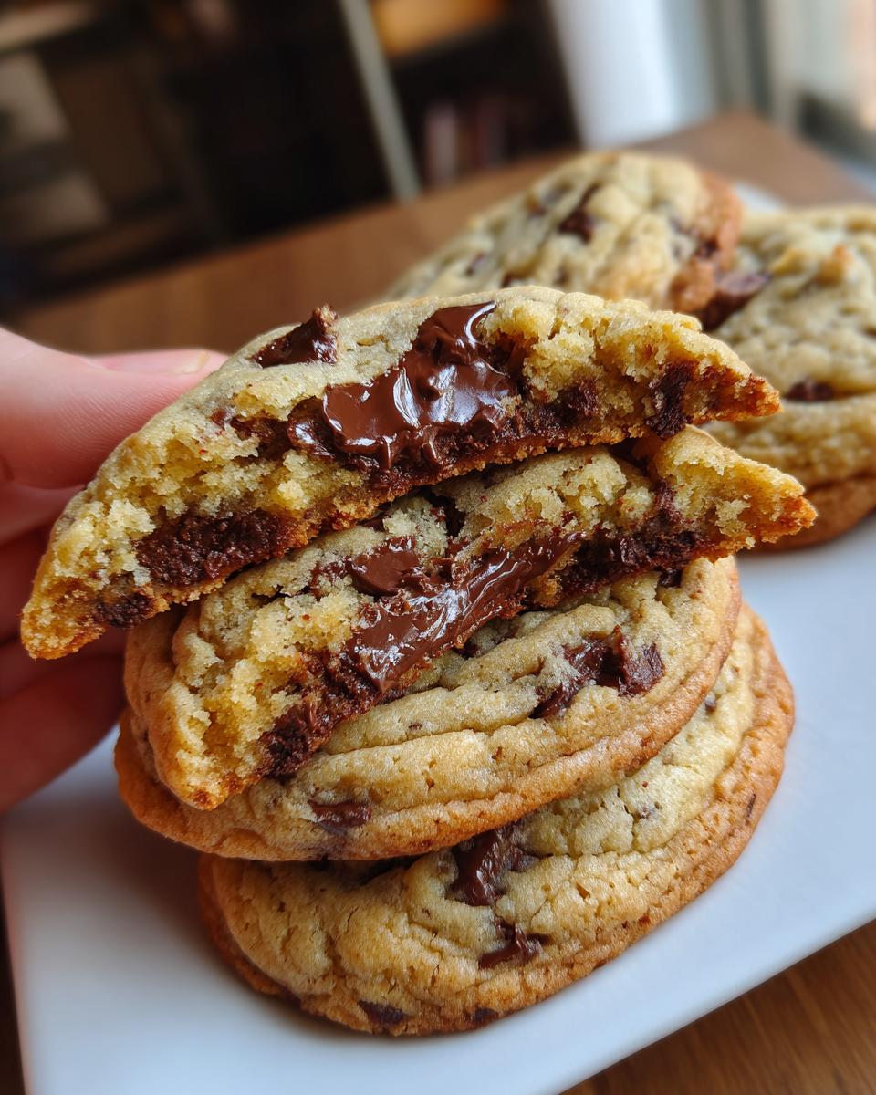 A hand holding a stack of chewy chocolate chip cookies, with the top cookie broken in half to show melted chocolate chips.