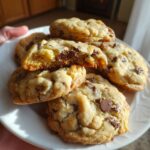 A close-up of a stack of delicious chewy chocolate chip cookies, with one broken in half to show the gooey center.