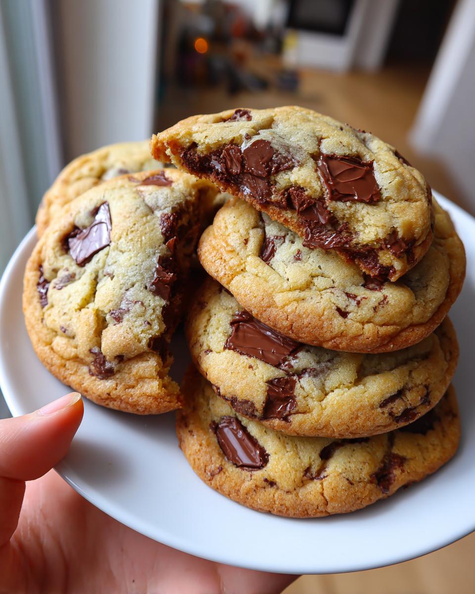 A stack of freshly baked chewy chocolate chip cookies, with one cookie broken in half to reveal gooey chocolate chips.