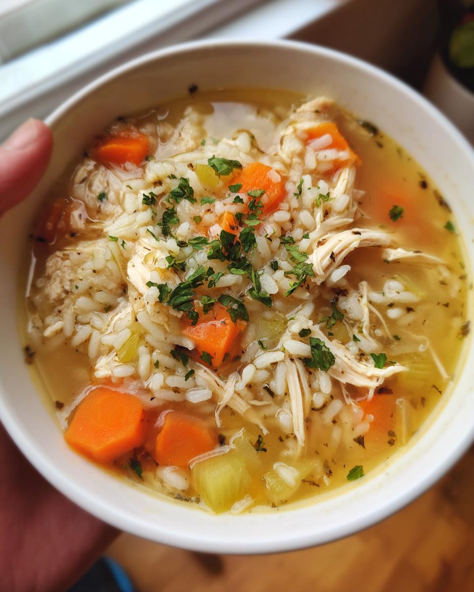 A close-up of a white bowl filled with steaming chicken and rice soup, featuring shredded chicken, rice, carrots, and celery, garnished with parsley.