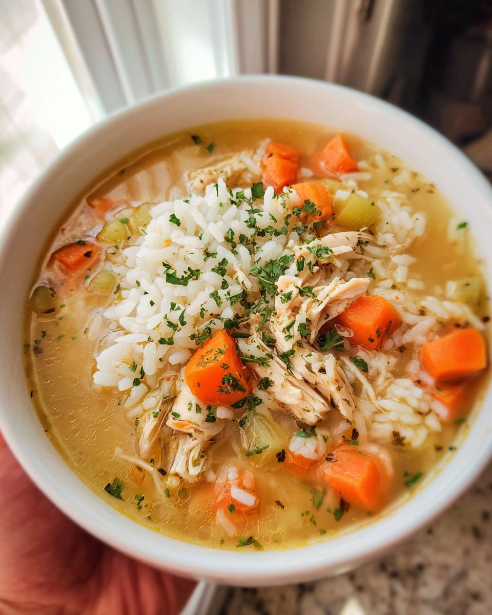 A close-up of a comforting bowl of chicken and rice soup, filled with shredded chicken, rice, carrots, and celery, garnished with parsley.