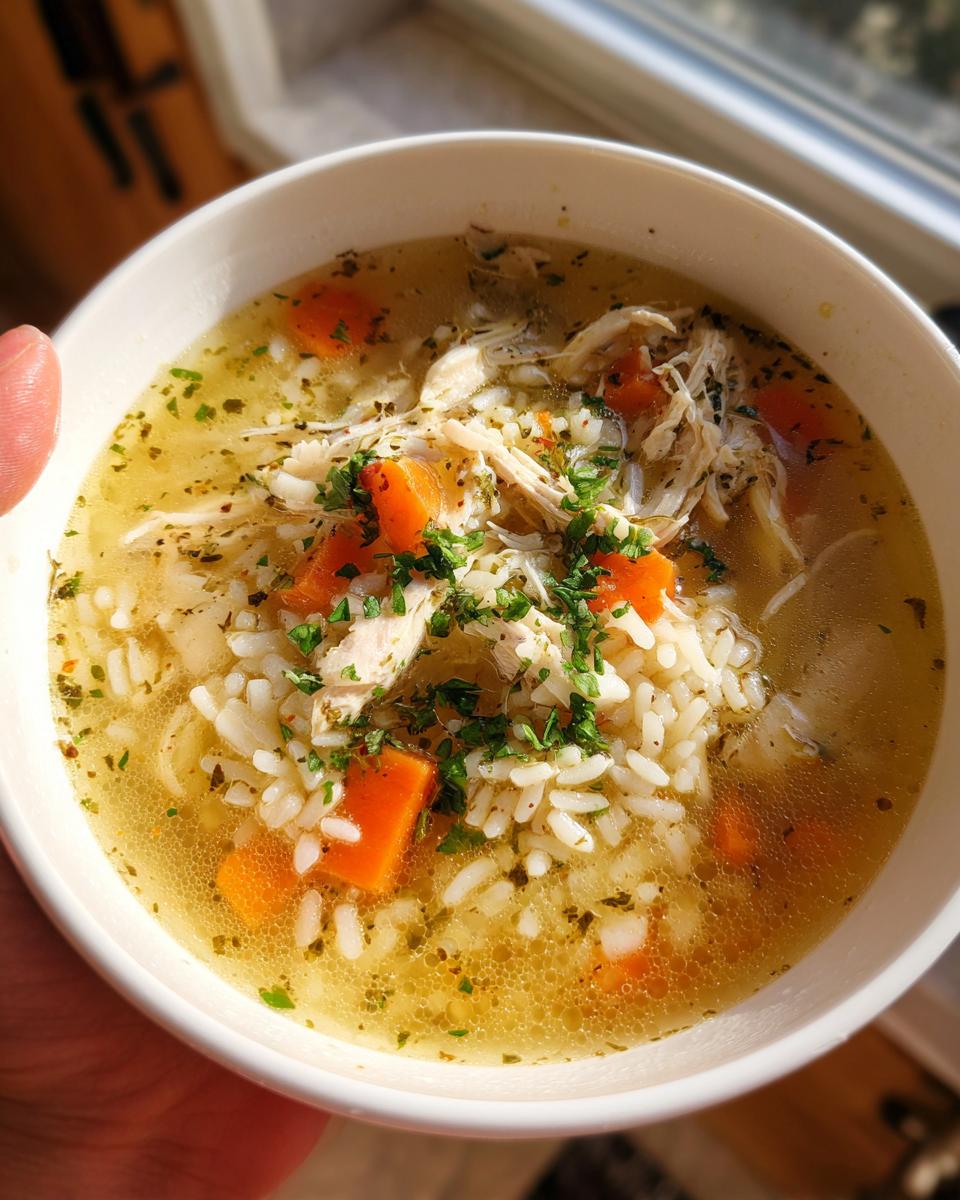 A close-up shot of a comforting bowl of chicken and rice soup with shredded chicken, rice, carrots, and herbs.