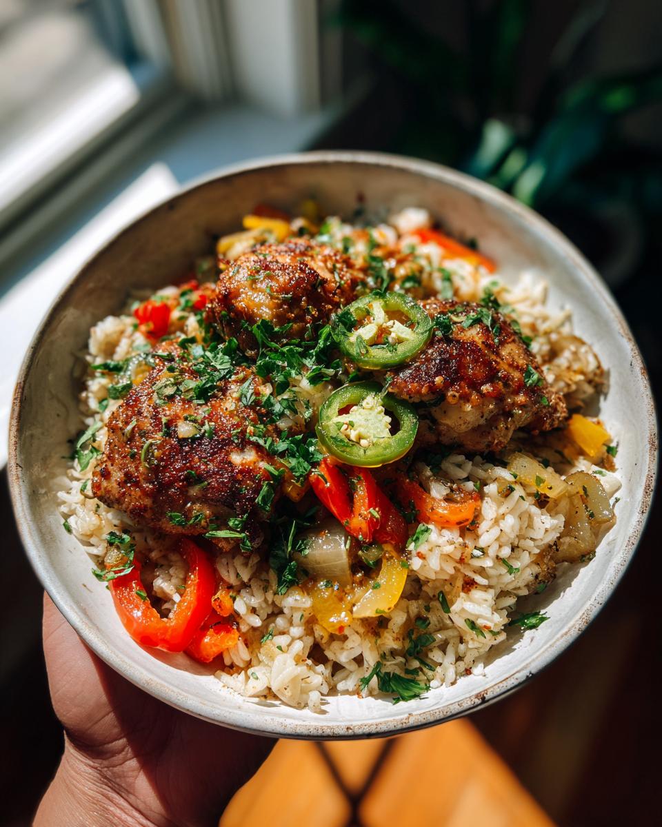 A bowl of chicken and rice taco skillet with peppers, onions, and jalapeños, topped with cilantro.