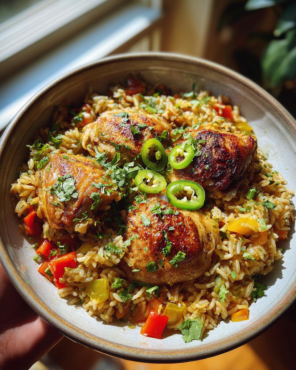 A close-up of a bowl filled with chicken and rice taco skillet, topped with jalapeños and cilantro.