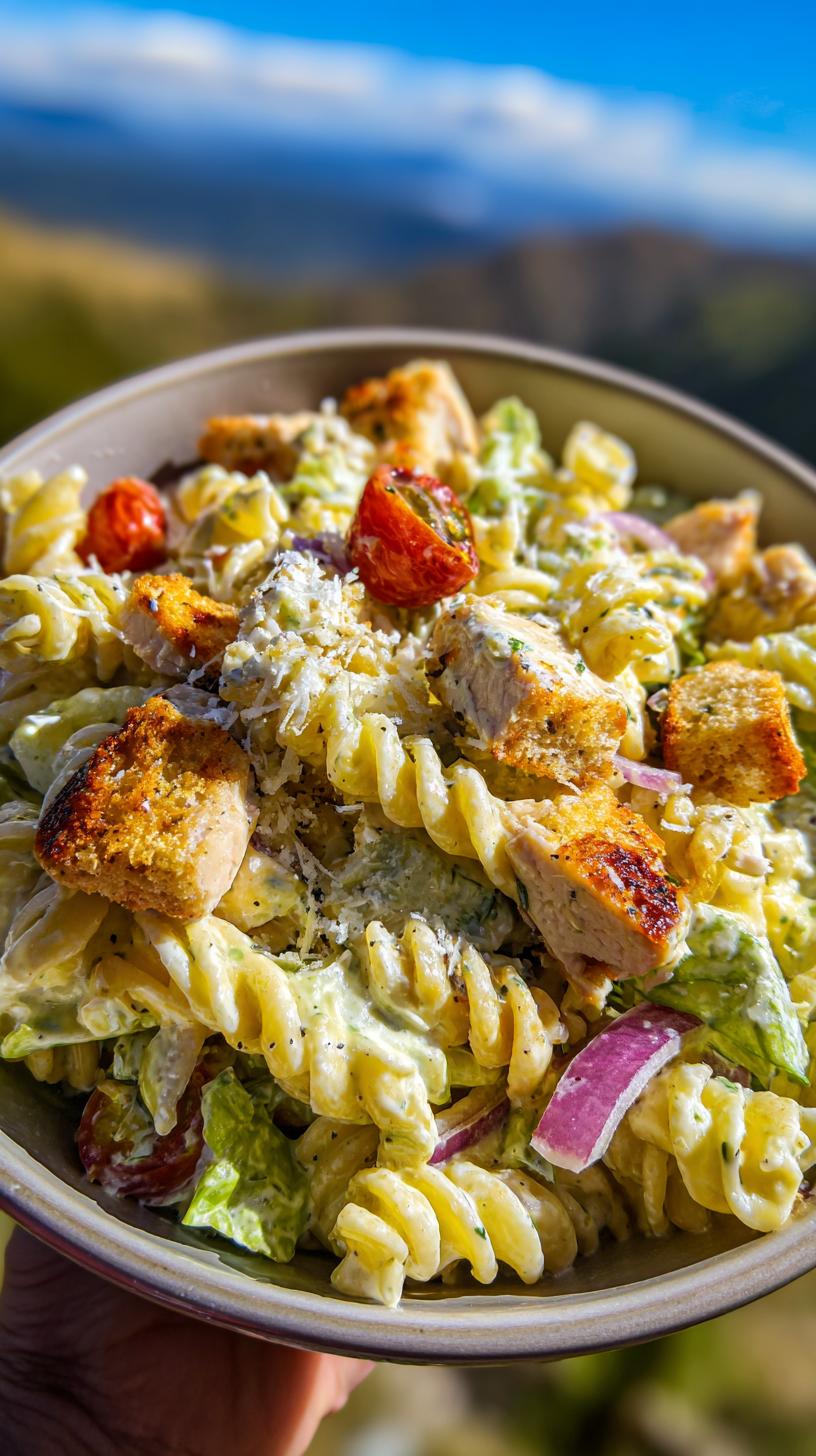A close-up of a bowl filled with Chicken Caesar Pasta Salad featuring rotini pasta, grilled chicken, croutons, cherry tomatoes, and red onion.