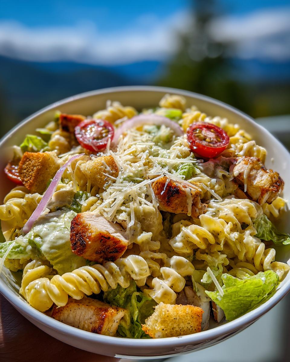 A close-up of a bowl of Chicken Caesar Pasta Salad with grilled chicken, pasta, croutons, and cherry tomatoes.