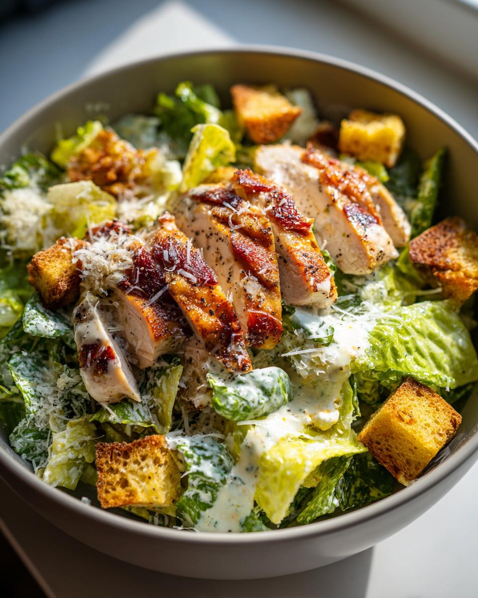 A close-up of a hearty chicken caesar salad, featuring grilled chicken slices, crisp romaine lettuce, croutons, and creamy dressing.