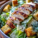 A close-up of a bowl of chicken caesar salad, featuring grilled chicken slices, romaine lettuce, croutons, and creamy dressing.