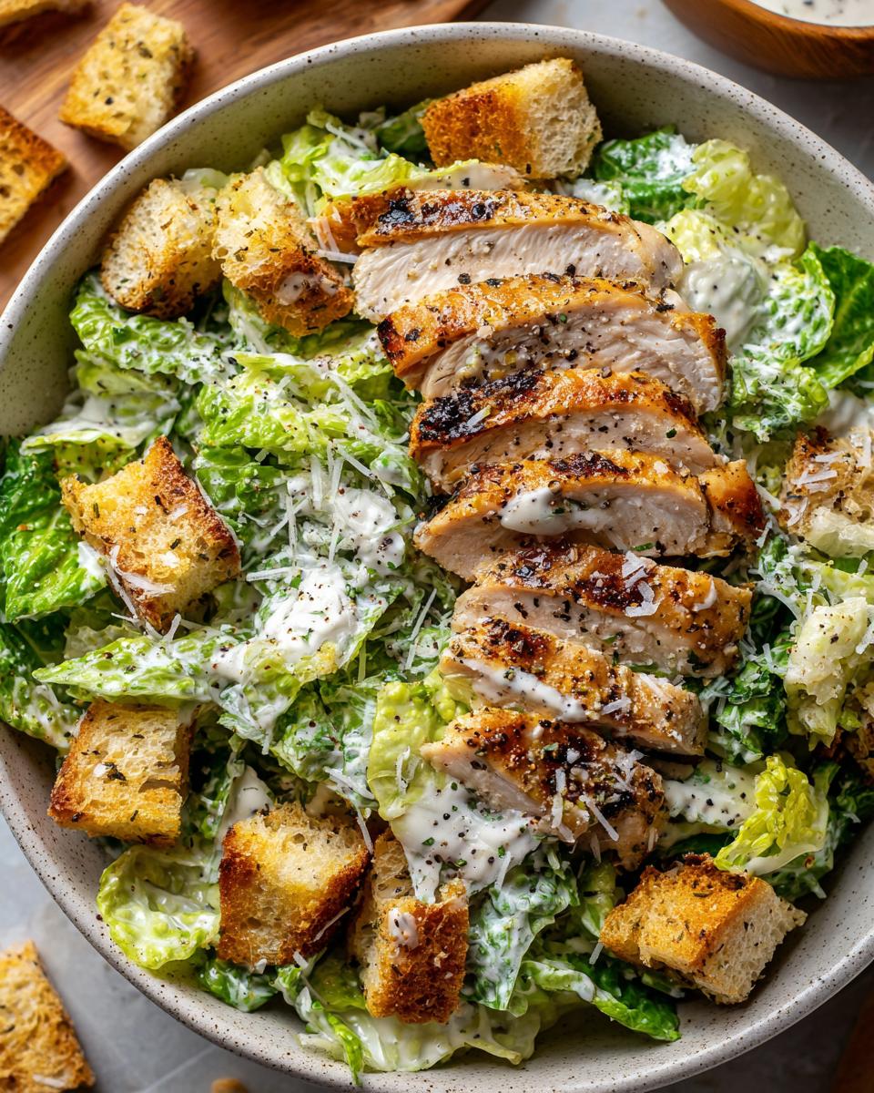 A close-up of a hearty chicken caesar salad topped with grilled chicken breast slices, croutons, and creamy dressing.