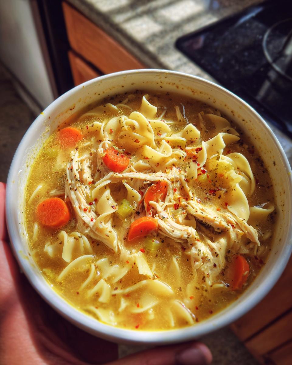 A close-up of a bowl of delicious chicken noodle soup, featuring shredded chicken, wide egg noodles, and carrot slices.
