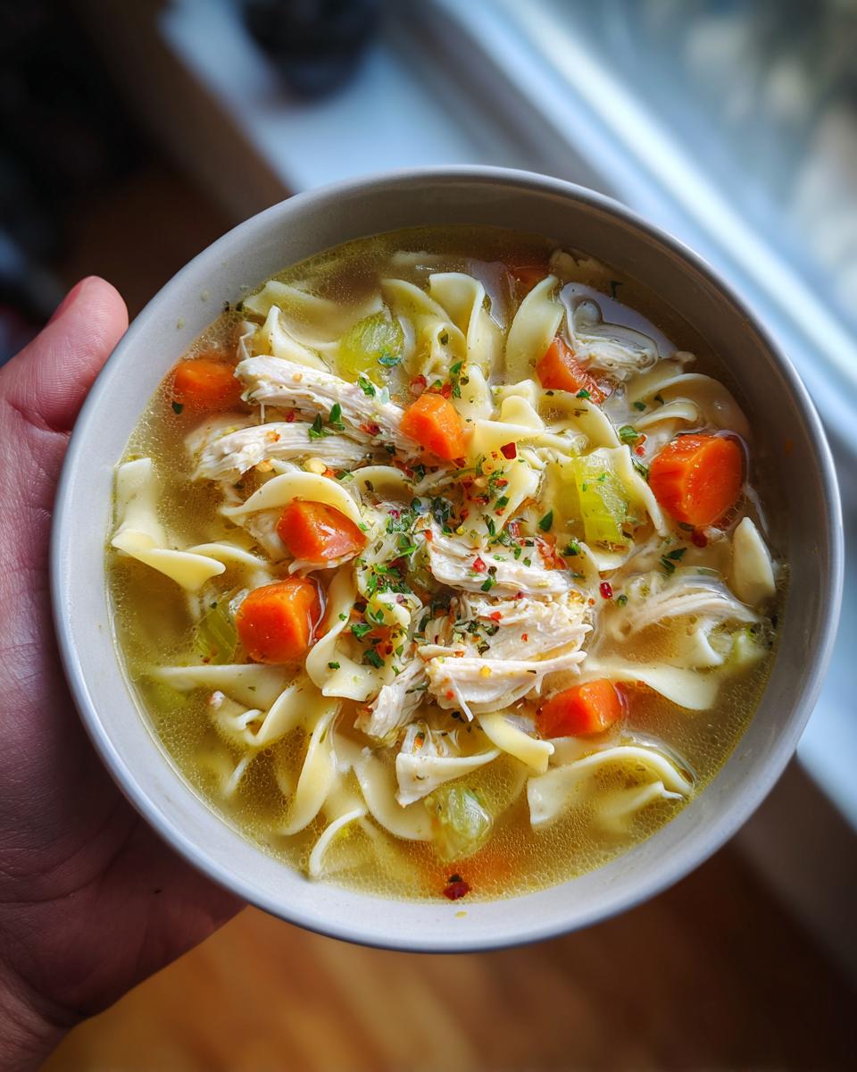 A close-up overhead shot of a comforting bowl of chicken noodle soup with shredded chicken, wide noodles, carrots, and celery.