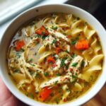 A close-up of a bowl of flavorful chicken noodle soup, featuring shredded chicken, wide egg noodles, carrots, and fresh parsley.