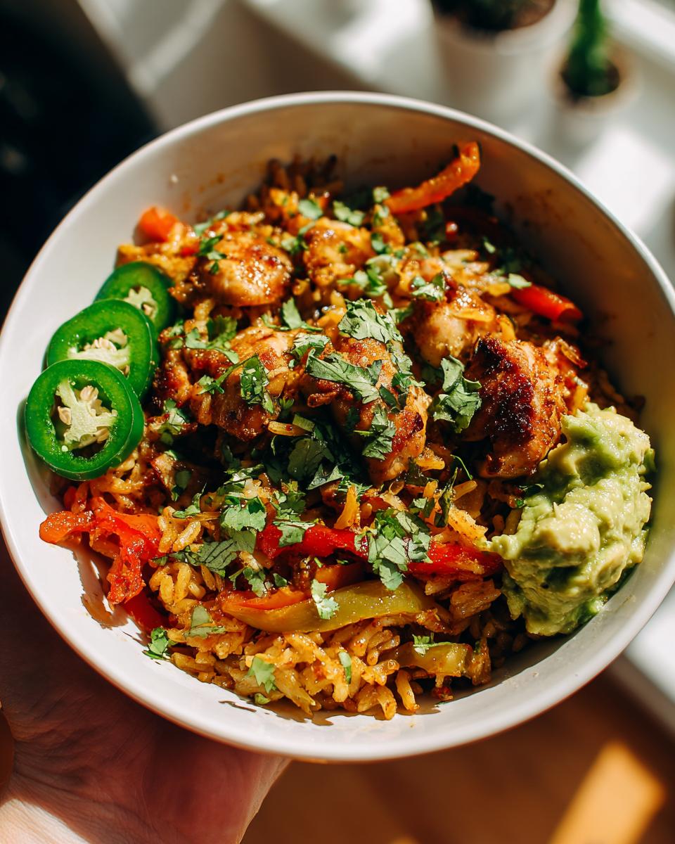 A bowl of chicken taco rice skillet with bell peppers, jalapeños, and guacamole.