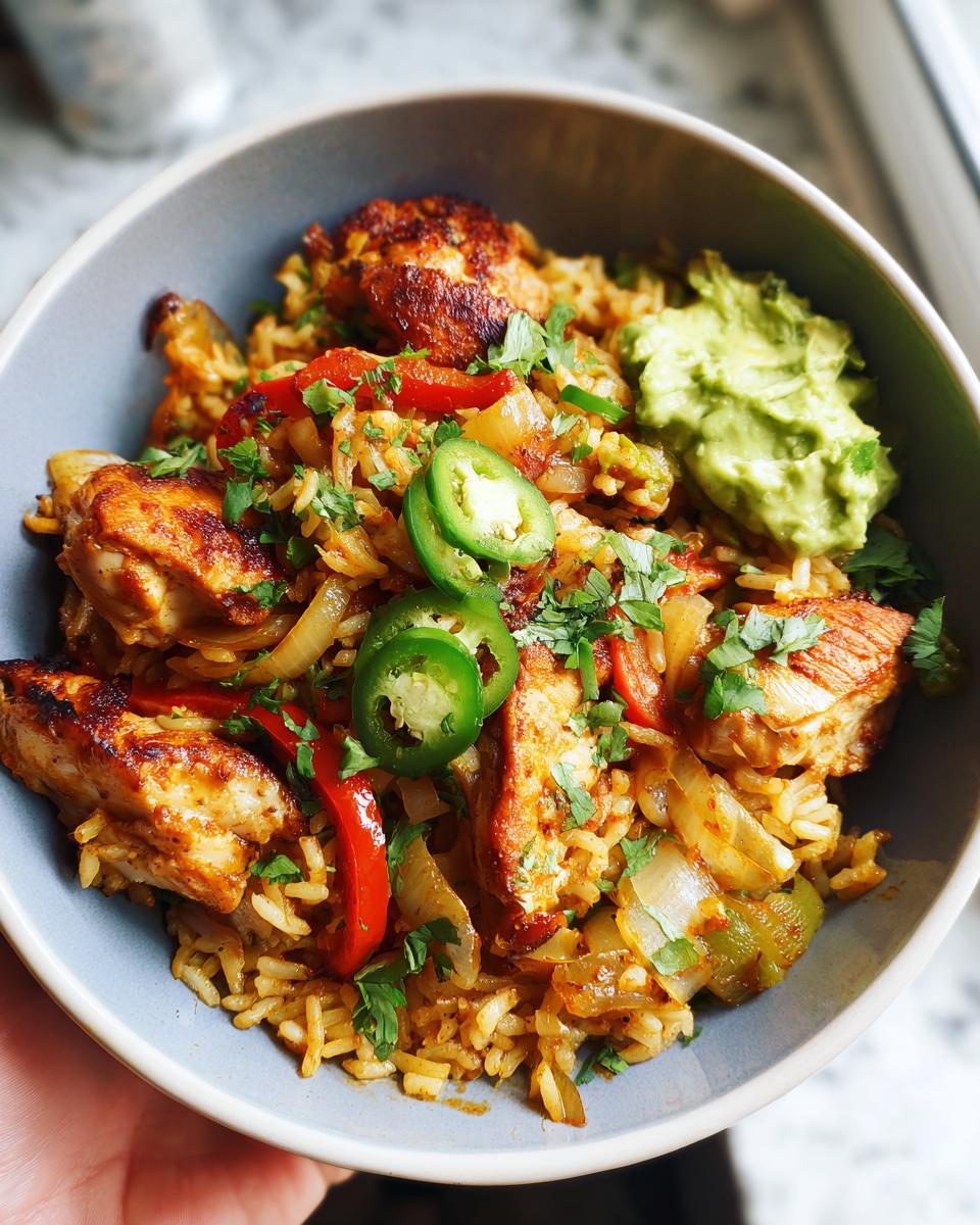 A close-up of a bowl filled with chicken taco rice skillet, topped with jalapenos, cilantro, and a side of guacamole.