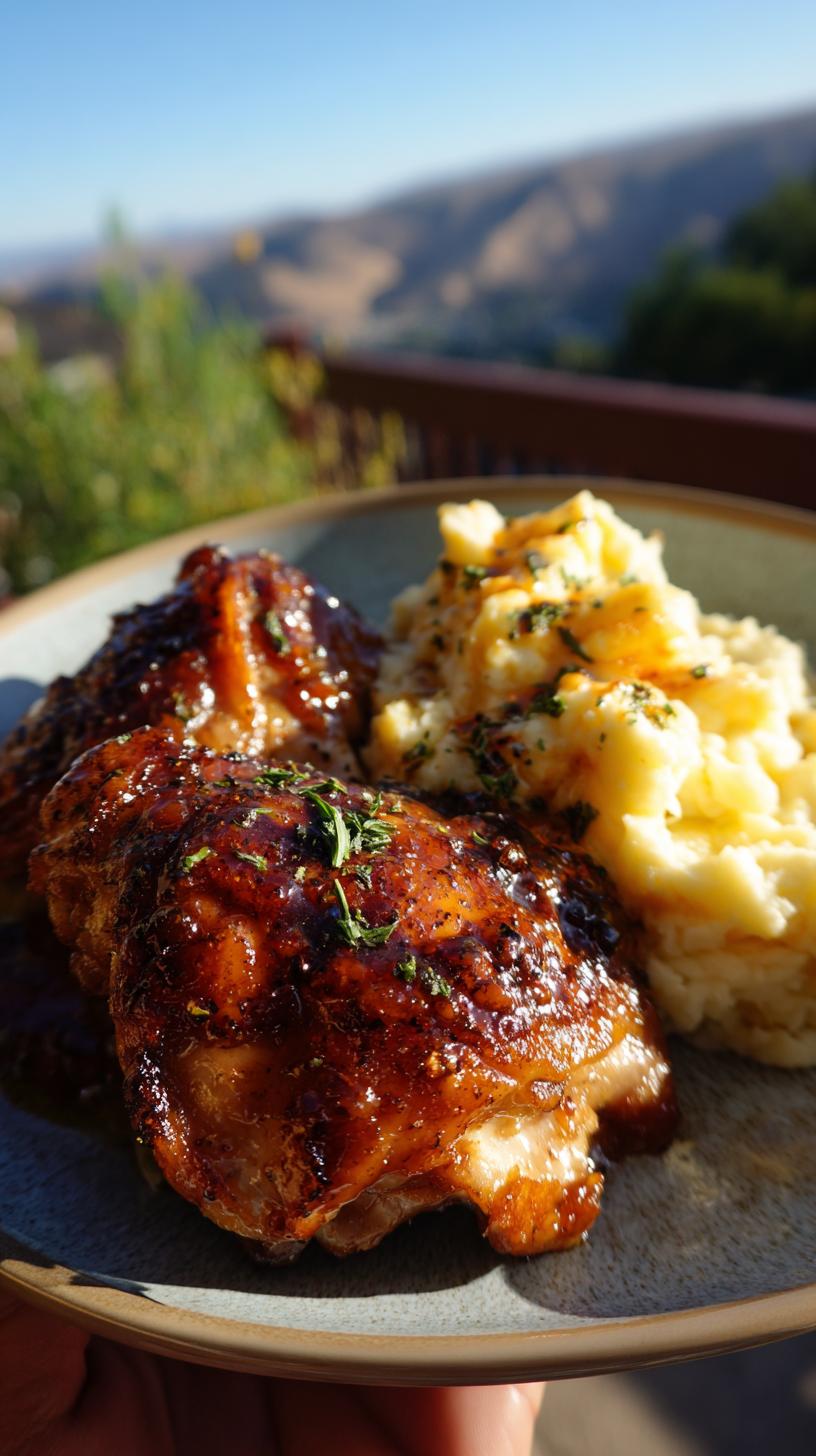 Close-up of glazed Chipotle Honey Chicken Thighs served with creamy mashed potatoes, garnished with herbs.