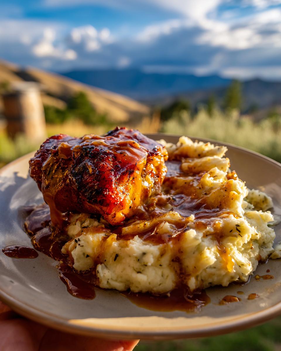 A close-up of Chipotle Honey Chicken Thighs served with creamy mashed potatoes and drizzled with sauce.