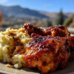 Close-up of glazed Chipotle Honey Chicken Thighs served with creamy mashed potatoes and a drizzle of sauce.