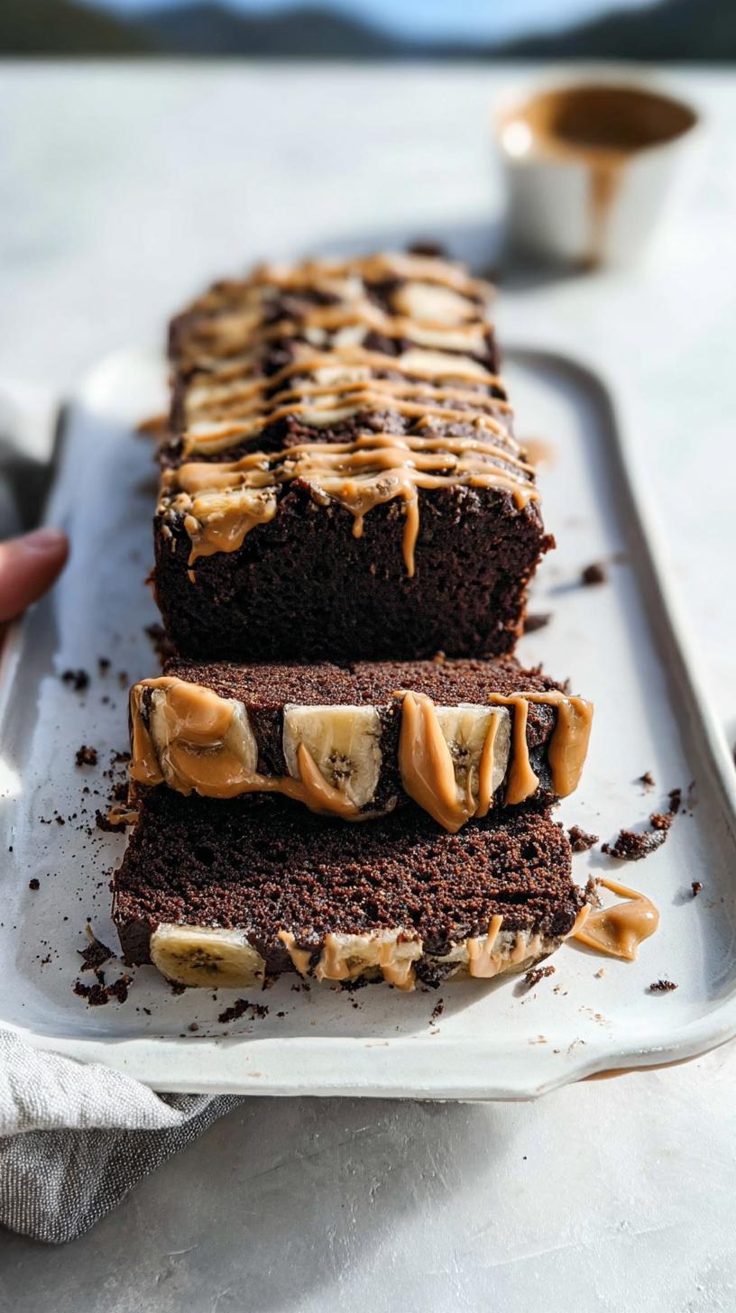 Close-up of sliced chocolate peanut butter banana bread topped with peanut butter drizzle and banana slices.