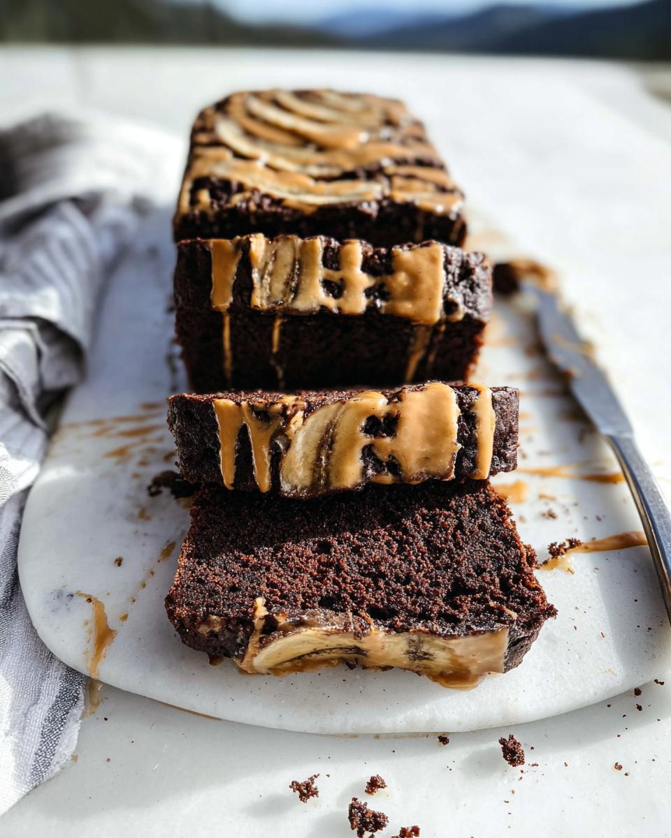 Close-up of sliced chocolate peanut butter banana bread with peanut butter drizzle and banana slices.