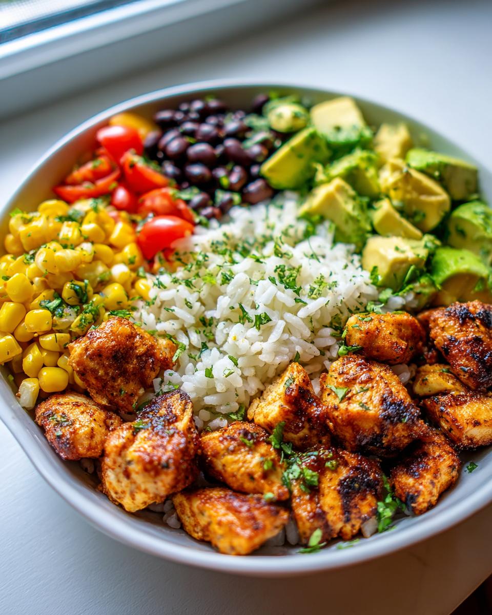A vibrant bowl of cilantro lime rice with grilled chicken, black beans, corn, tomatoes, and avocado.