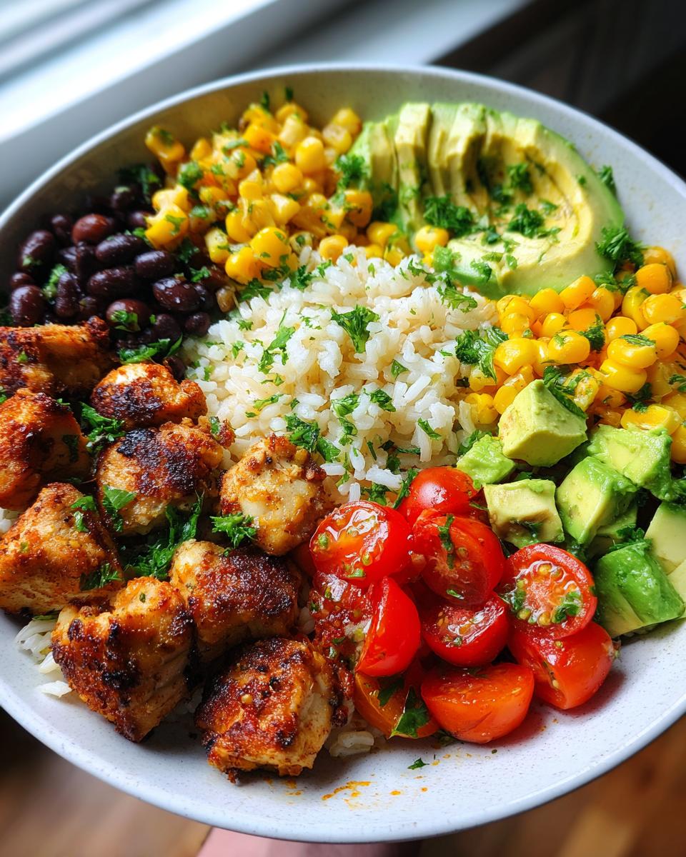 A vibrant bowl of cilantro lime rice topped with seasoned chicken, black beans, corn, tomatoes, and avocado.