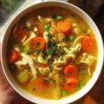 A close-up overhead view of a steaming bowl of classic chicken noodle soup, filled with tender chicken, noodles, carrots, and peas, garnished with fresh parsley.