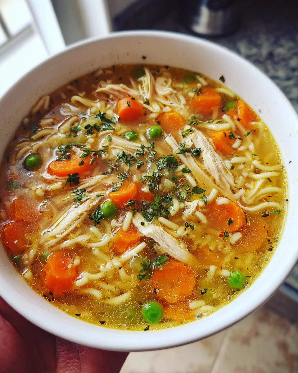 A close-up of a bowl of classic chicken noodle soup filled with shredded chicken, noodles, carrots, and peas, garnished with herbs.