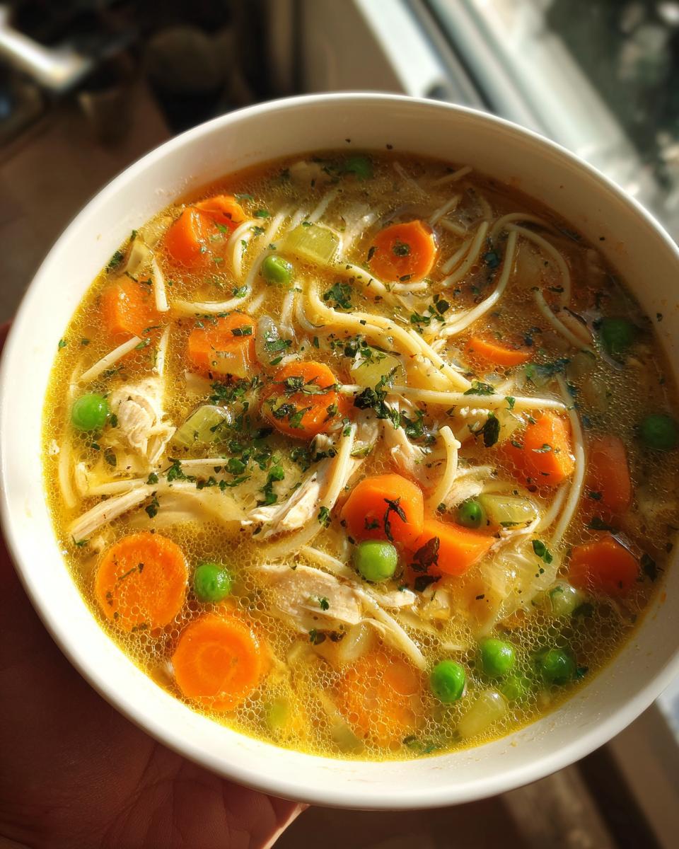 A close-up of a steaming bowl of classic chicken noodle soup, filled with tender chicken, carrots, peas, and noodles.