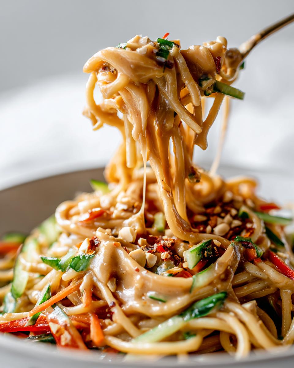 A fork lifts a generous portion of cold peanut noodles, coated in creamy peanut sauce, with visible cucumber, carrots, and chili flakes.