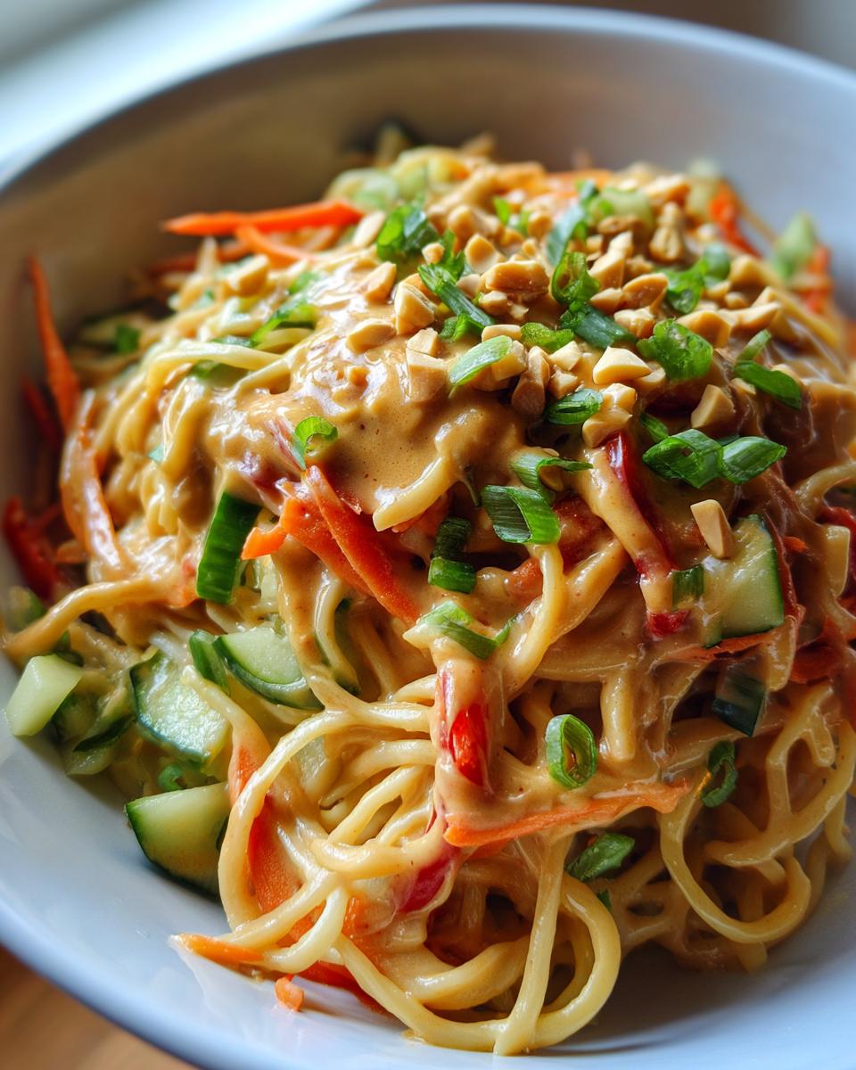 A close-up of a bowl of cold peanut noodles, topped with chopped peanuts, green onions, shredded carrots, and cucumber.