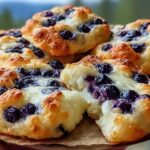 Close-up of golden-brown Cottage Cheese Blueberry Cloud Bread baked goods, with visible blueberries and a fluffy interior.
