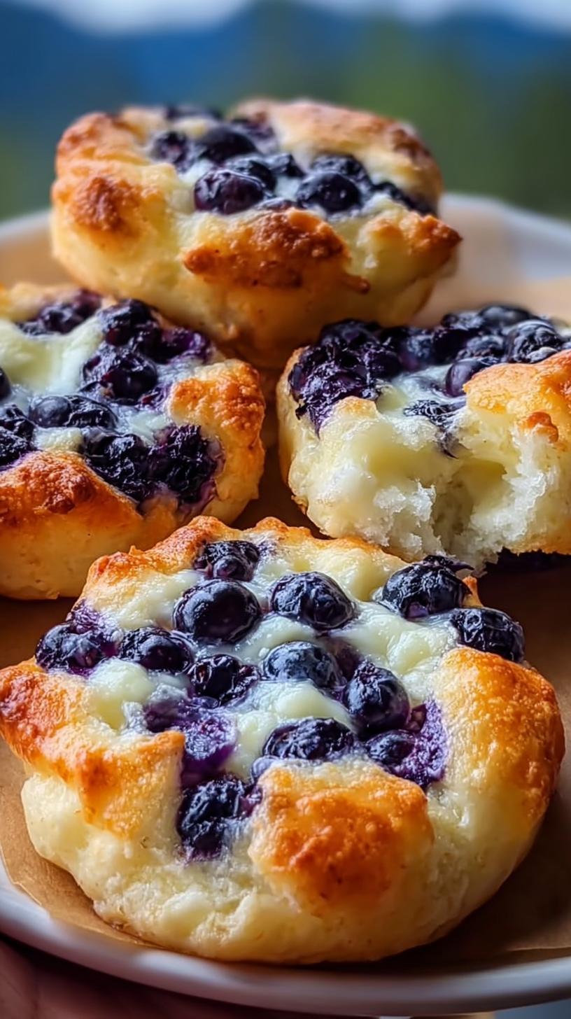 Close-up of fluffy Cottage Cheese Blueberry Cloud Bread bites, golden brown with juicy blueberries.