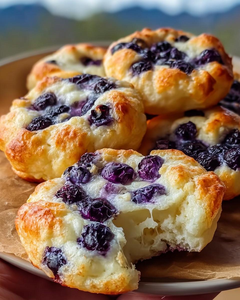 Close-up of fluffy Cottage Cheese Blueberry Cloud Bread bites with a golden crust and bursting blueberries.