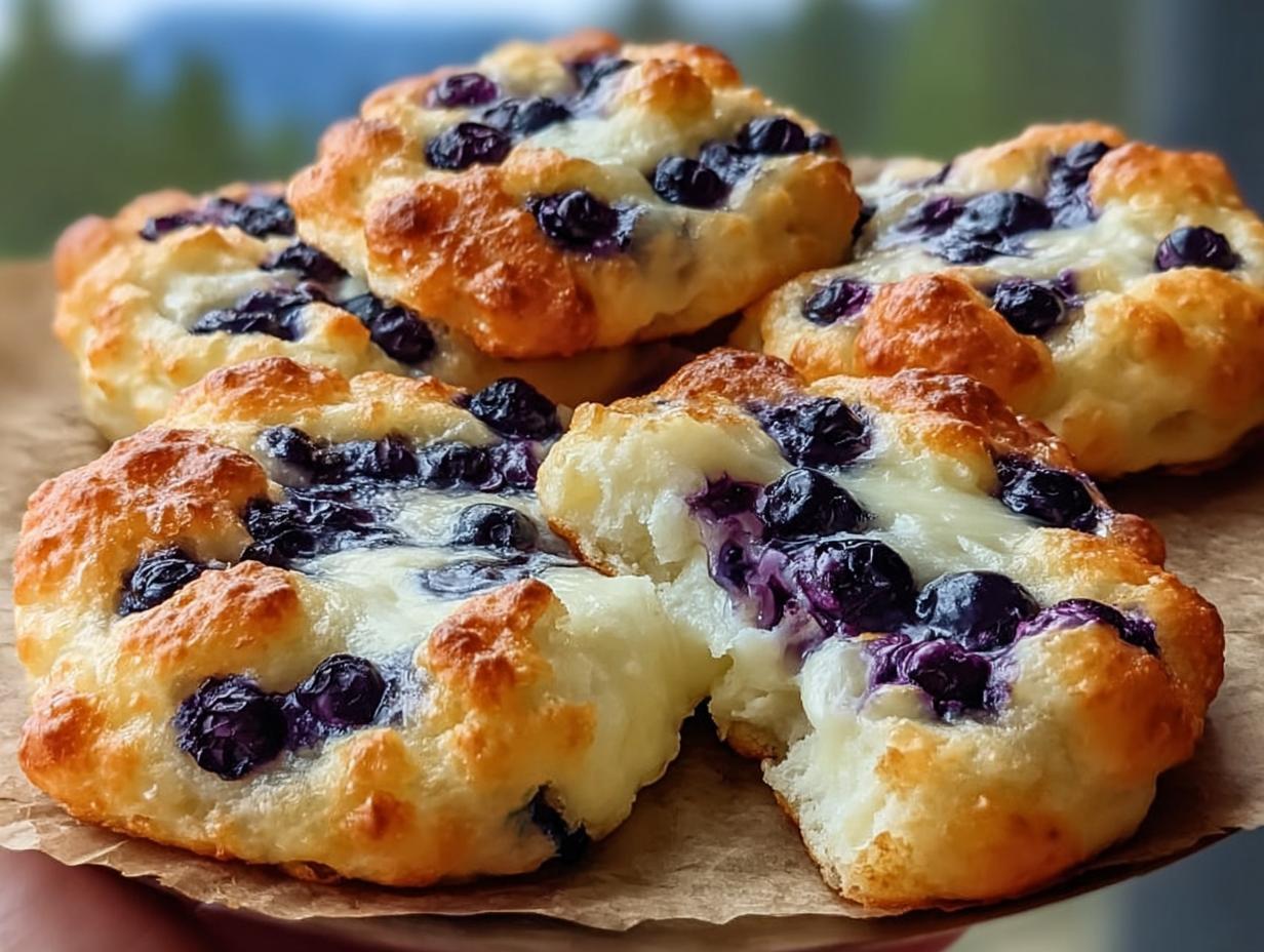 Close-up of fluffy Cottage Cheese Blueberry Cloud Bread bites, with a broken one revealing the soft interior and juicy blueberries.