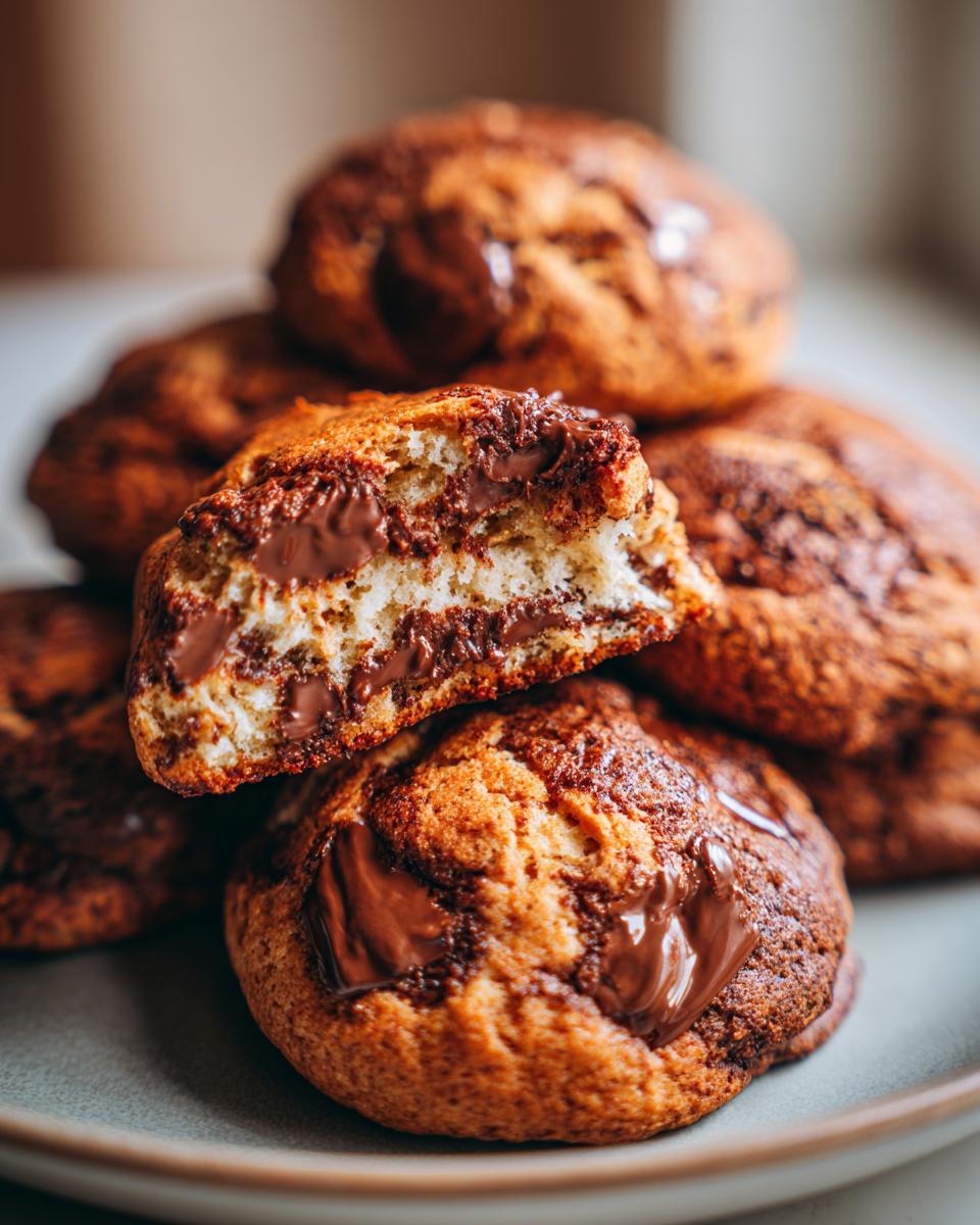 A close-up of tender cottage cheese chocolate chip cookies, with one cookie broken in half to reveal gooey melted chocolate chips.
