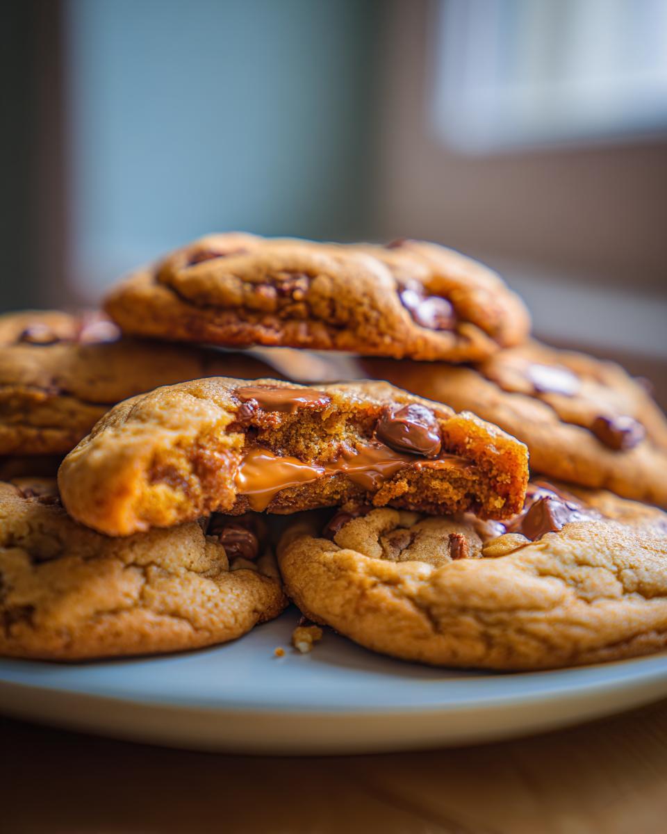 Close-up of tender cottage cheese chocolate chip cookies, with one cookie broken open to reveal gooey melted chocolate chips.
