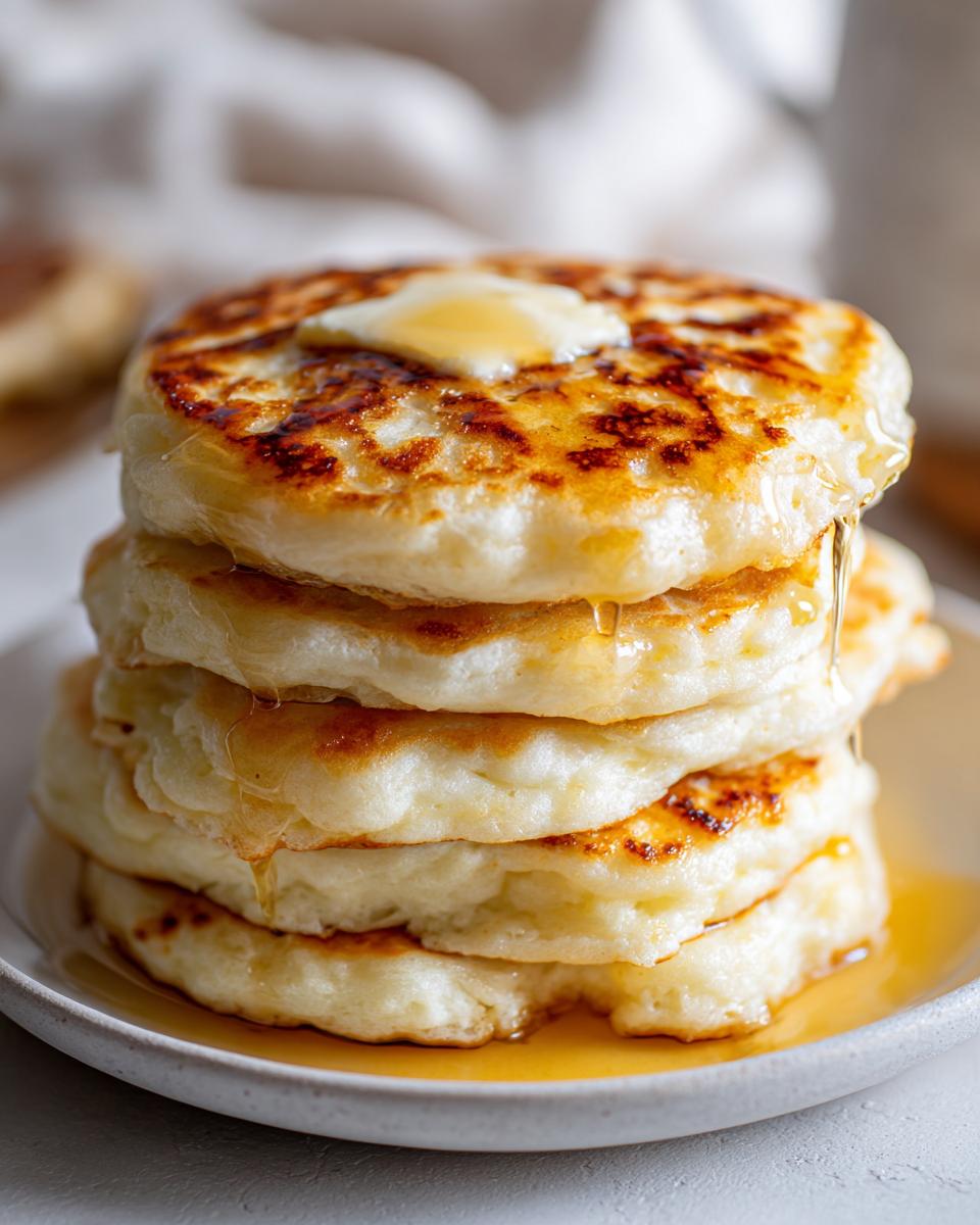 A stack of fluffy cottage cheese pancakes topped with a melting pat of butter and drizzled with syrup.