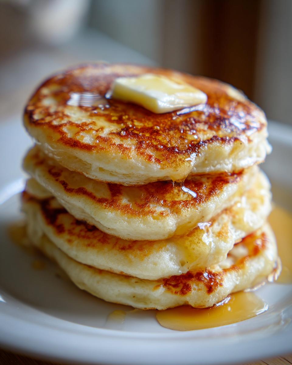 A stack of golden-brown cottage cheese pancakes topped with a pat of butter and drizzled with syrup.