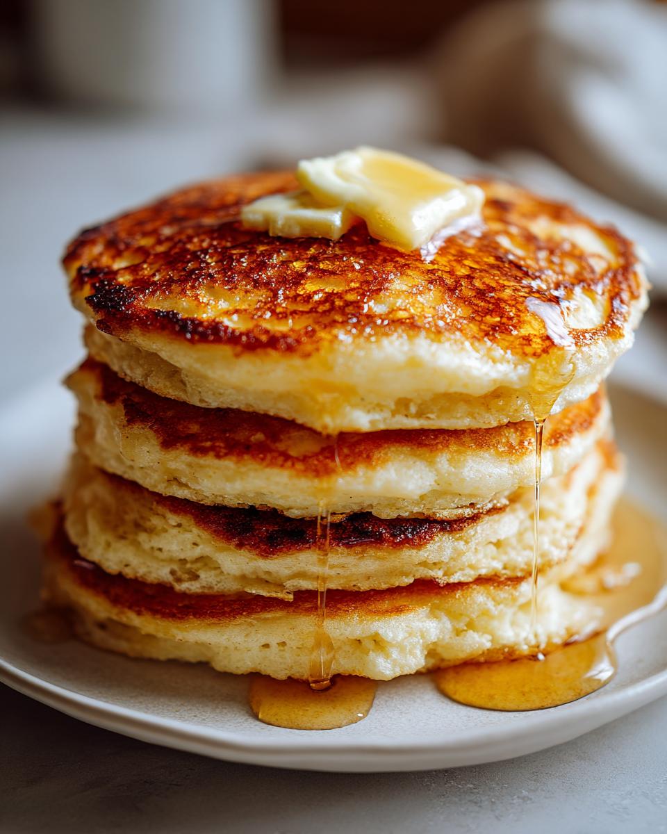 A stack of fluffy cottage cheese pancakes topped with butter and drizzled with syrup.