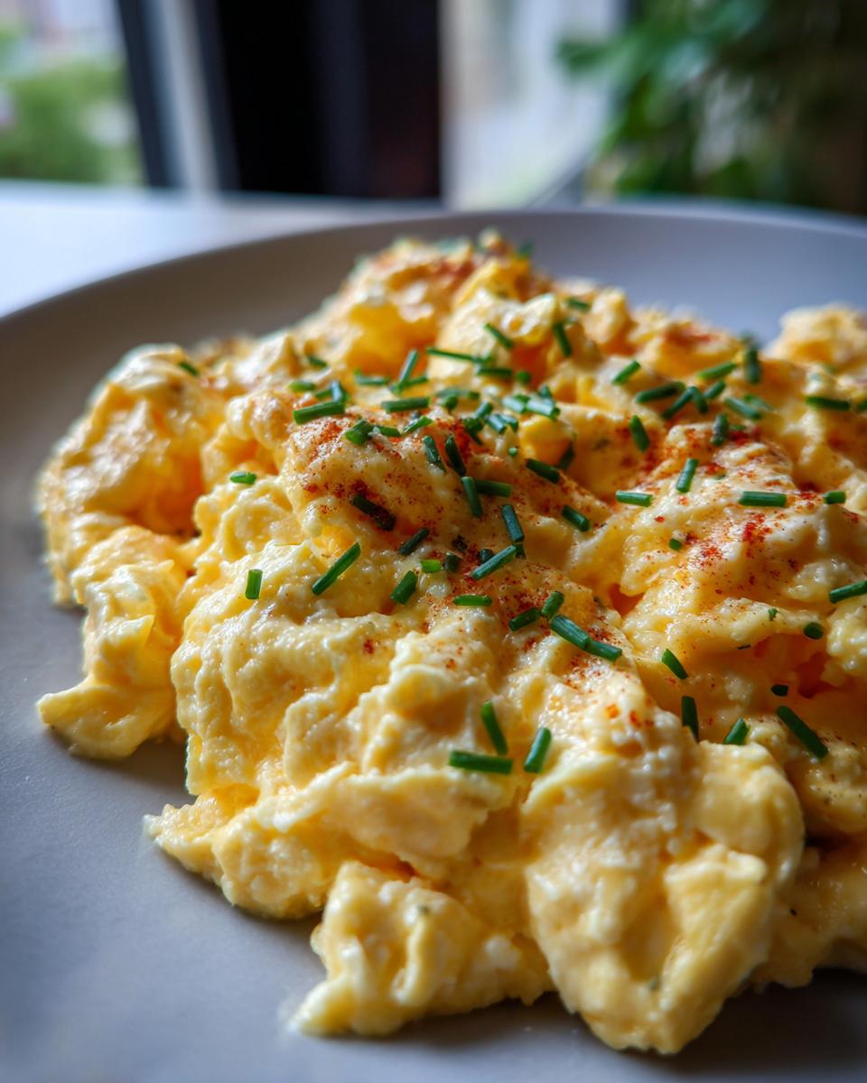 Close-up of creamy cottage cheese scrambled eggs topped with fresh chives and paprika.