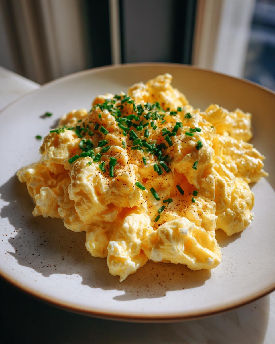 A close-up of fluffy cottage cheese scrambled eggs topped with fresh chives and black pepper on a white plate.