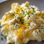Close-up of creamy cottage cheese scrambled eggs topped with fresh chives and a drizzle of melted butter.