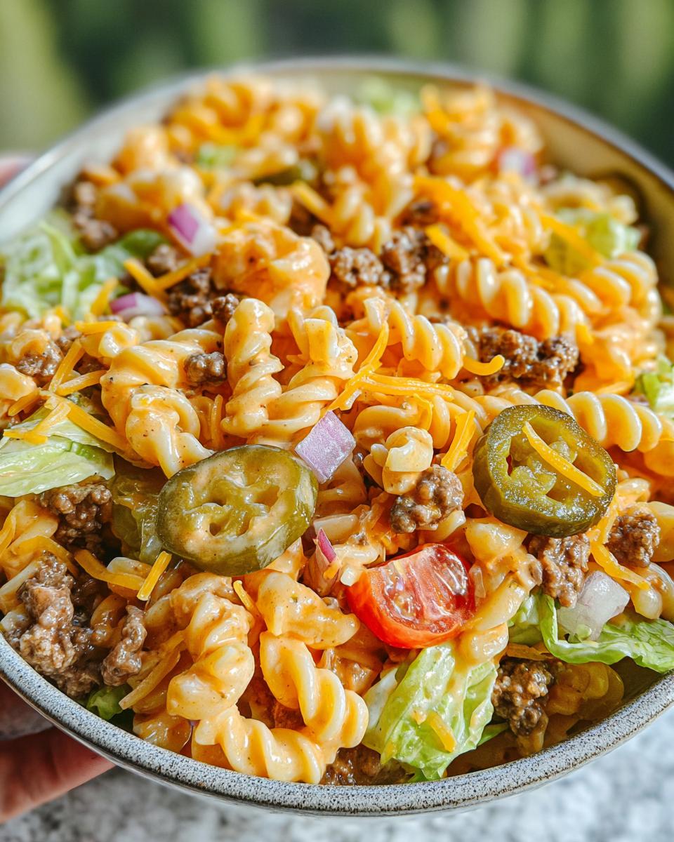 A close-up of a bowl filled with Creamy Big Mac Pasta Salad featuring rotini pasta, seasoned ground beef, shredded cheddar cheese, lettuce, jalapeños, and tomatoes.