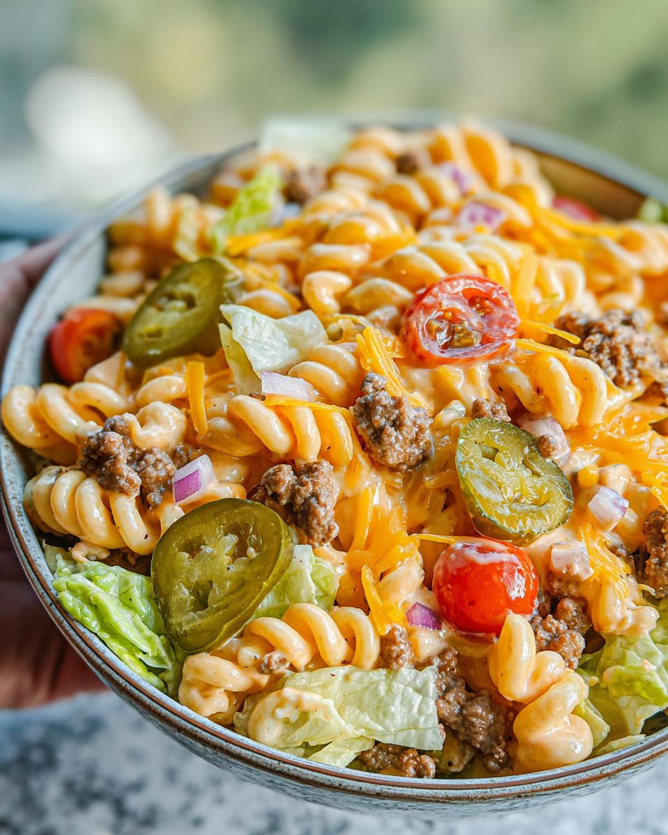 A close-up of Creamy Big Mac Pasta Salad with Beef, Pickles, and Cheddar, featuring rotini pasta, seasoned ground beef, shredded cheddar, jalapeños, and cherry tomatoes.
