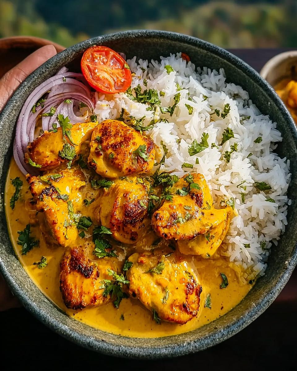 A bowl of Creamy Chicken Amarillo with Aji Pepper Sauce, served with fluffy white rice, garnished with fresh cilantro, red onion, and a tomato slice.