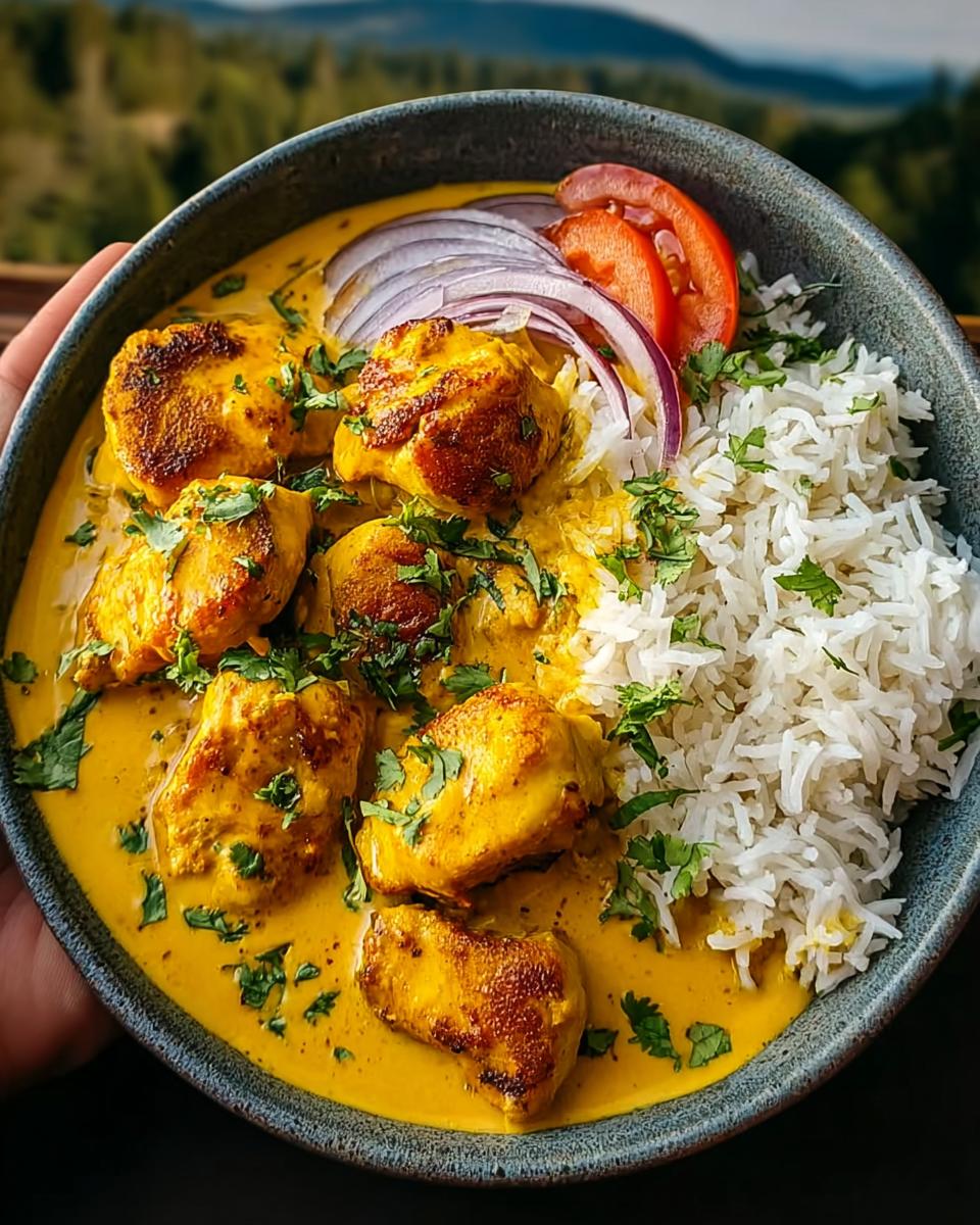 A bowl of Creamy Chicken Amarillo with Aji Pepper Sauce, served with fluffy white rice, sliced red onion, and tomato wedges.