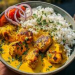 A bowl of Creamy Chicken Amarillo with Aji Pepper Sauce served with white rice, garnished with cilantro and red onion.